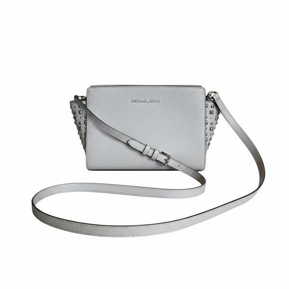 Michael Kors Silver Studded Saffiano Leather Crossbody | Chic & Edgy Glam - Picture 12 of 15